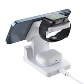 Multi-device charging stand with smartphone, smartwatch, and wireless earbuds on a white background